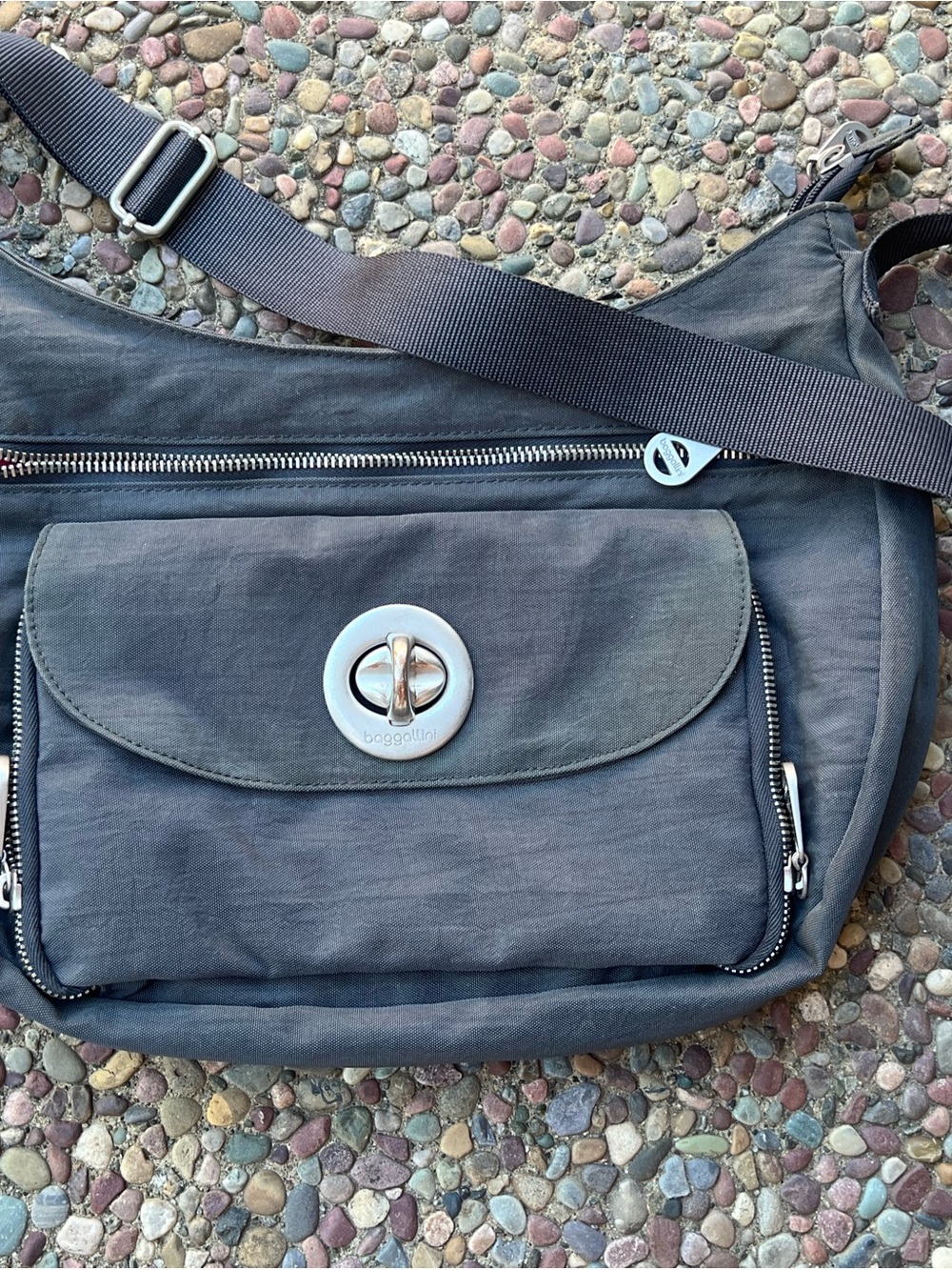 Baggallini gray Travel bag with silver turn lock closure small